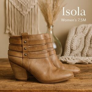Isola Taupe Leather Booties Size 7.5M Strap Stud Western
